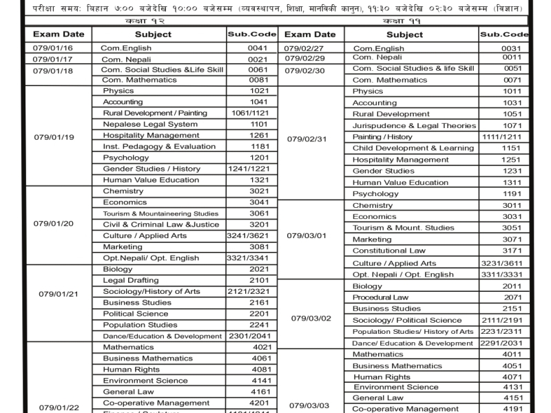 Grade XII & XI Routine 2078/79 has been Published